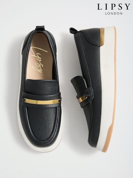 Black Faux Leather - Lipsy Platform Chunky Casual Slip On Loafer Style Trainer