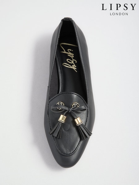 Black - Lipsy Faux Leather Tassel Bow Hardware Trim Slipper Loafers