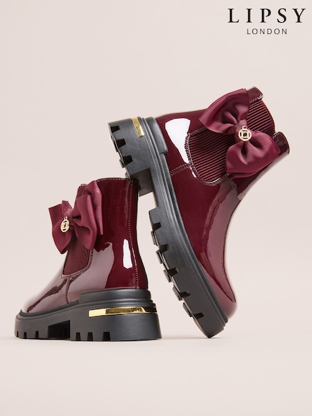 Burgundy Red - Lipsy Black Patent Faux Leather Bow Elasticated Heel Clip Ankle Chelsea Boots