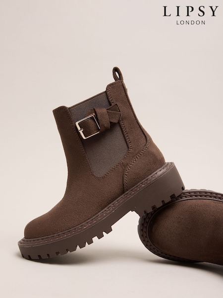 Chocolate Brown - Lipsy Faux Suede Elasticated Gusset Buckle Chelsea Ankle Boots