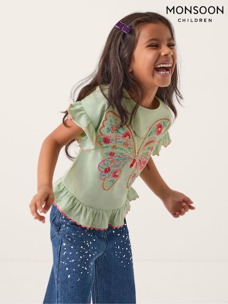 Monsoon Green Butterfly Embellished Frill T-Shirt (G84662) | AED135 - AED163