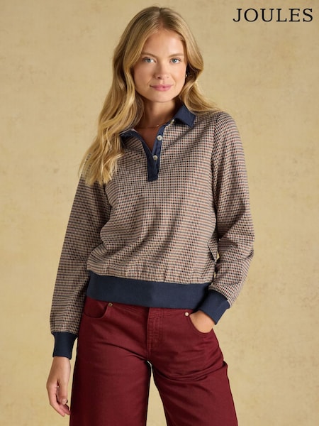 Navy Red Check - Laurel Houndstooth Check Long Sleeve Jersey Top