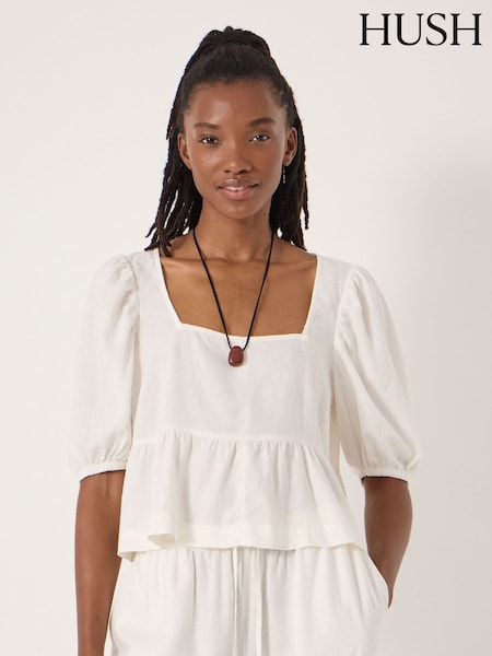 Hush White Alva Puff Sleeve Linen Beach Top (G84914) | $162