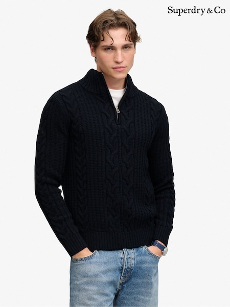 Blue - Regular Superdry Jacob Cable Half Zip Knit Jumper