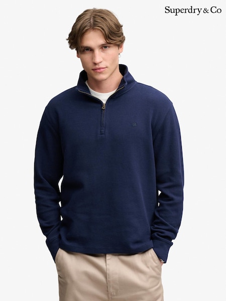 Blue - Regular Superdry Garment Dye Rib Half Zip Sweat Top