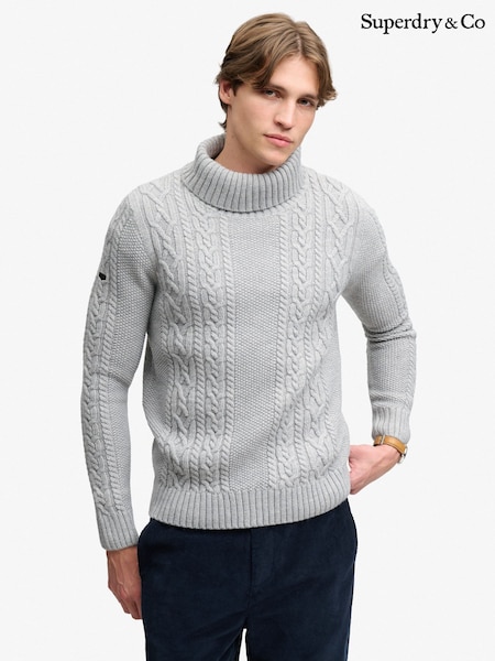 Grey - Regular Superdry Jacob Cable Roll Neck Jumper
