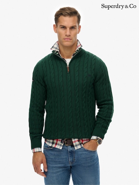 Dark Green - Regular Superdry Preppy Cotton Cable Half Zip Jumper