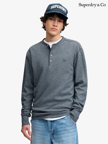 כחול  - Regular Superdry Mini Slub Waffle Long Sleeve Grandad T-shirt