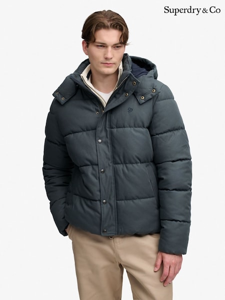 Blue - Regular Superdry Premium Hood Check Puffer Jacket