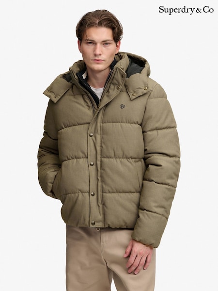 Brown - Regular Superdry Premium Hood Check Puffer Jacket
