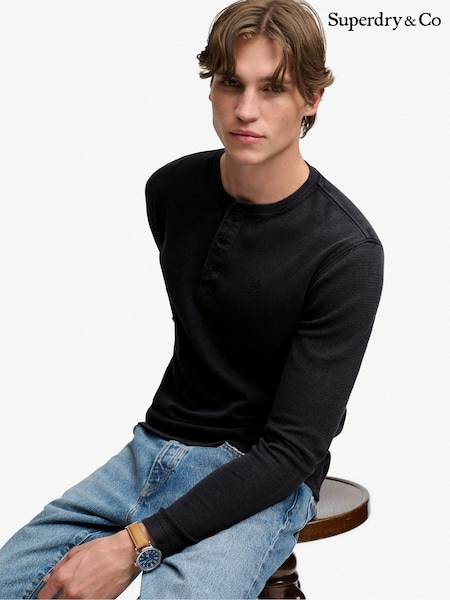 أزرق - Regular Superdry Waffle Long Sleeve Henley Top