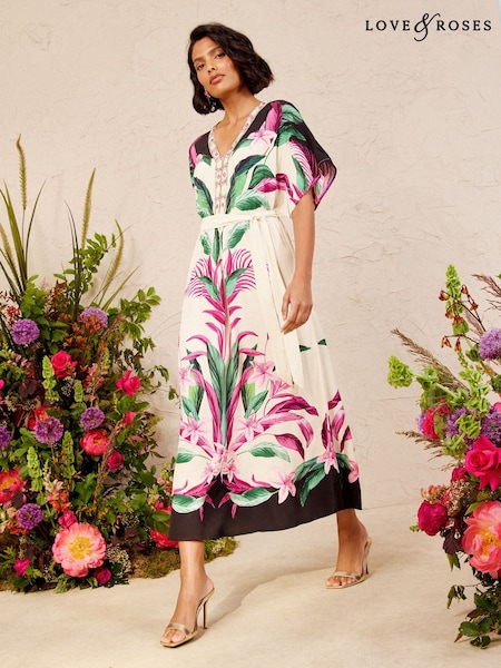 Ivory - Love & Roses Tropical Bead Kimono Midi Dress