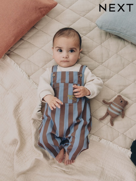 Blue/Brown Stripe - Baby Twill Dungarees And Bodysuit Set (0mths-2yrs)