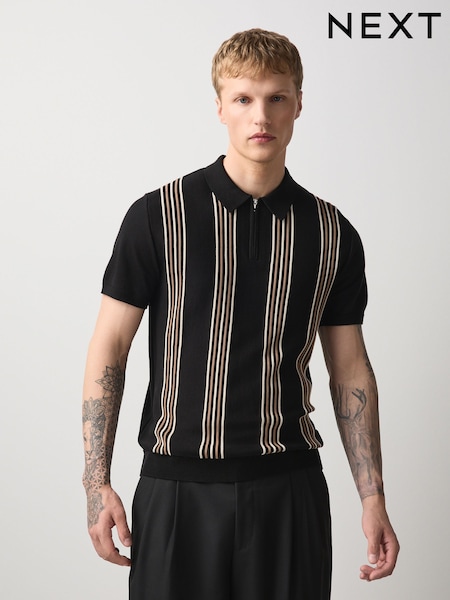 Black - Regular Stripe Knitted Zip Neck Short Sleeve Polo Shirt