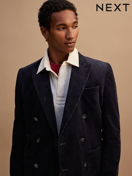 Navy Blue - Regular Fit Double Breasted Corduroy Blazer