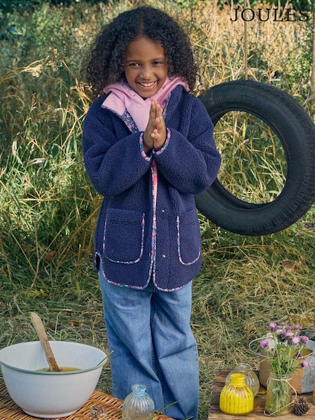 Navy - Joules Girls' Sadie Longline Borg Fleece Jacket
