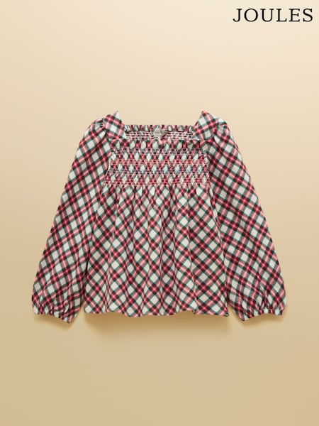 ורוד משבצות - Joules Girls' Eloise Woven Shirred Top