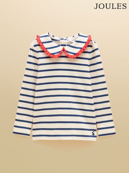 Cream & Blue - Joules Girls' Sophie Long Sleeve Ribbed Collared Top