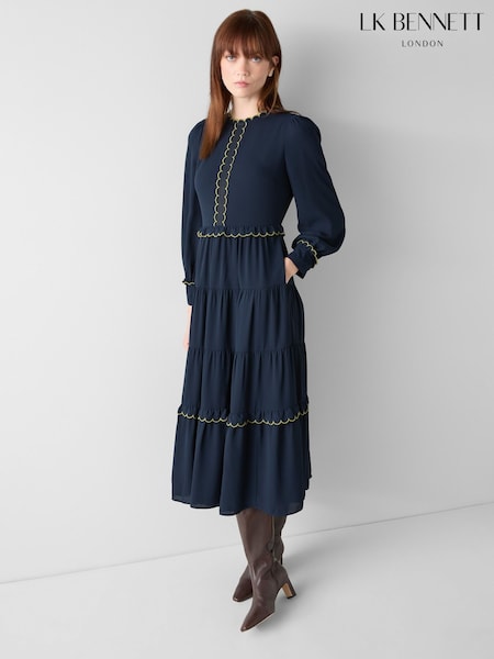 LK Bennett Navy Blue Carly Scallop Detai Tiered Dress (G86269) | $869