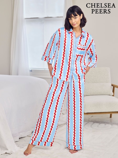 Chelsea Peers Blue Satin Wavy Stripe Long Pyjama Set (G86840) | kr911