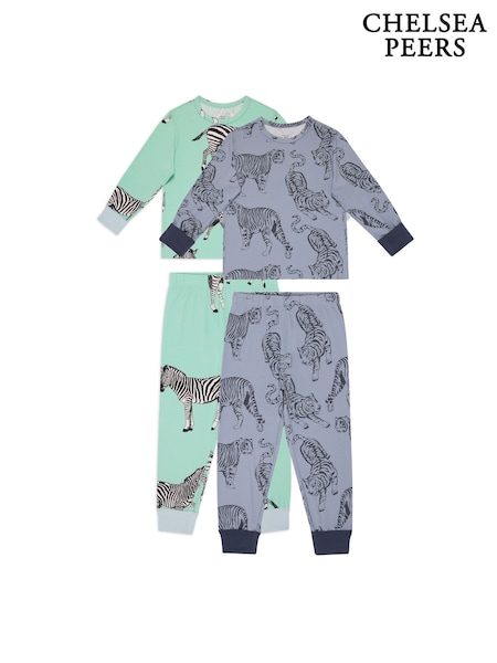 Chelsea Peers Green Kids Two Pack Zebra / Tiger Print Long Pyjamas Set (G86932) | SGD 58