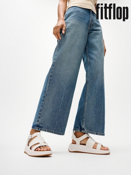 أبيض - FitFlop F-Mode Leather Flatform Fisherman Sandals (G87420) | ‏736 ر.س.‏