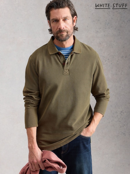 White Stuff Khaki Green Long Sleeve Utility Polo Shirt (G87624) | SGD 87