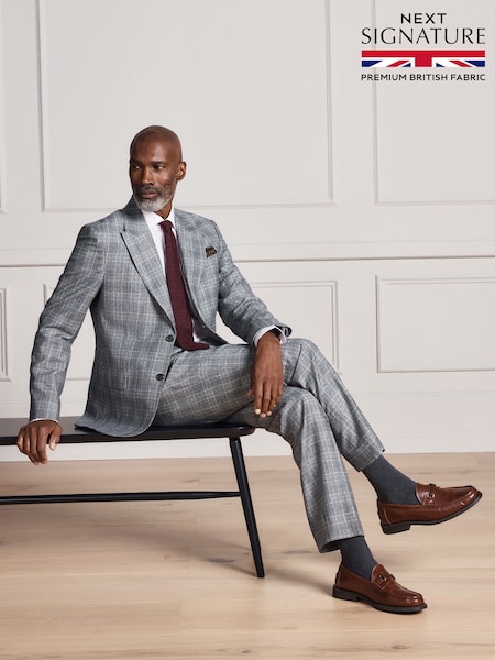 Grey - Regular Signature Slim Fit Alfred Brown 100% British Wool Check Suit Jacket