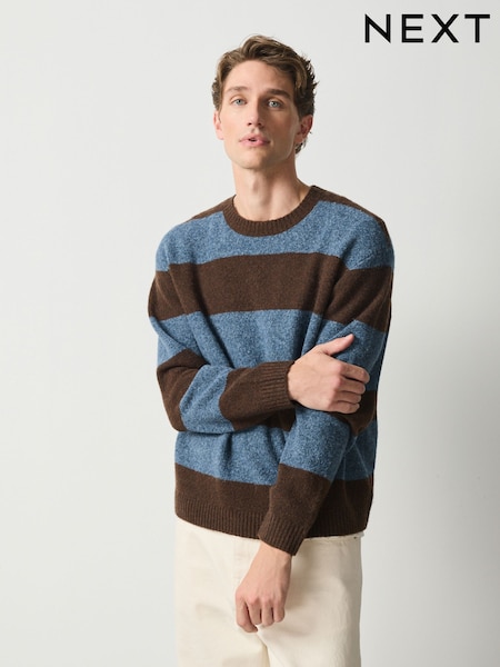 Blue/Brown - Regular Relaxed Fit Cosy Crew Neck Jumper With Wool