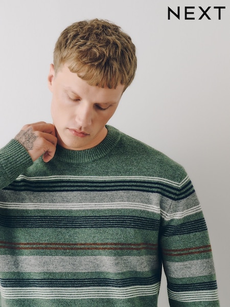Green Stripe - Regular Cosy Crew Neck Jumper With Wool