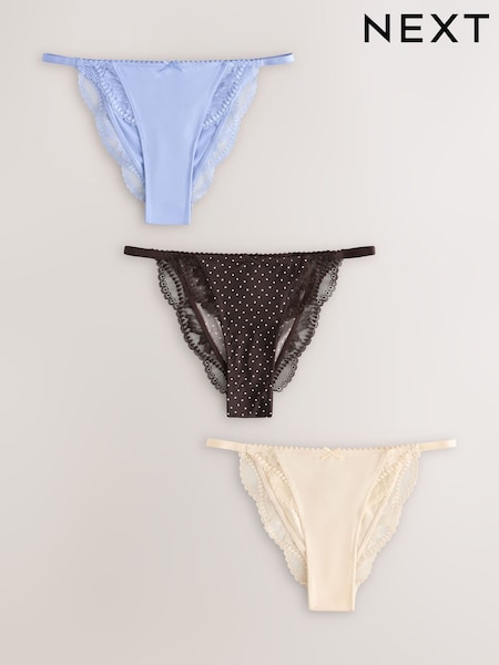 Blue/Praline Nude/Chocolate Brown Spot - Microfibre Lace Trim Knickers 3 Pack