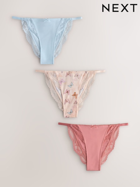 Pink/Blue/Cream Butterfly - Microfibre Lace Trim Knickers 3 Pack