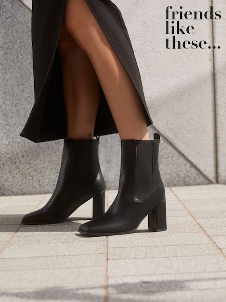 কালো - Friends Like These Faux Leather Square Toe High Heel Chelsea Boots