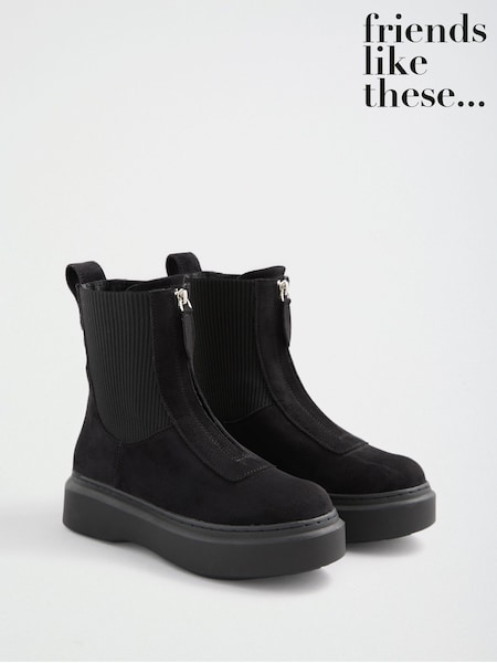 Black - Friends Like These Faux Suede Zip Front Chunky Outsole Ankle Boots
