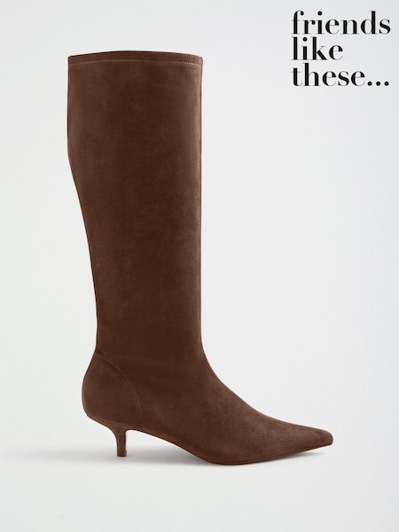 Chocolate Brown - Friends Like These Faux Suede Kitten Heeled Knee High Sock Boots