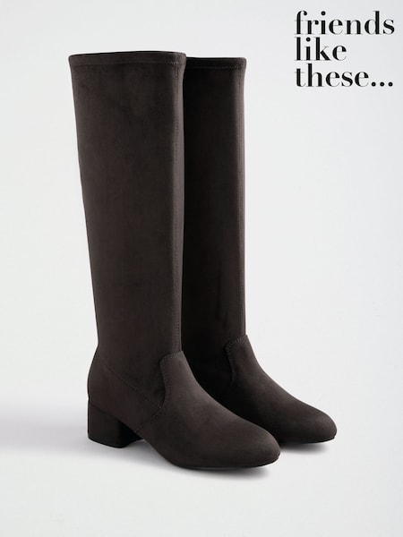 Gris - Friends Like These Faux Suede Knee High Low Block Heel Sock Boots
