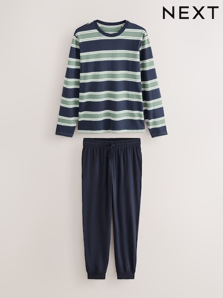 Green/Navy - Regular Jersey Stripe Pyjamas Set