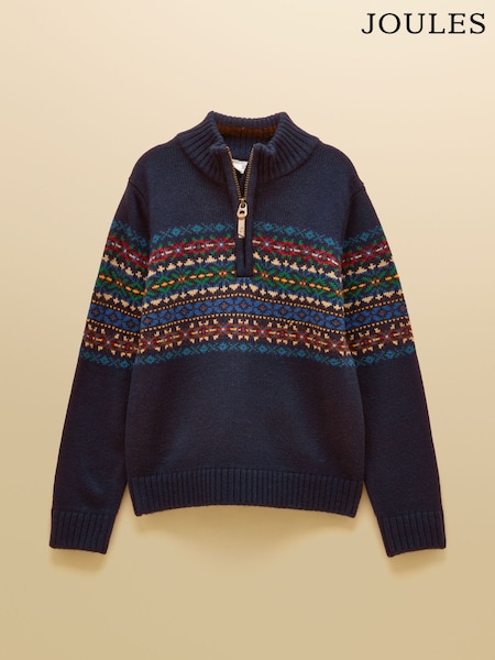 Navy - Joules Boys' Hillside Fair Isle Knit Quarter Zip Jumper