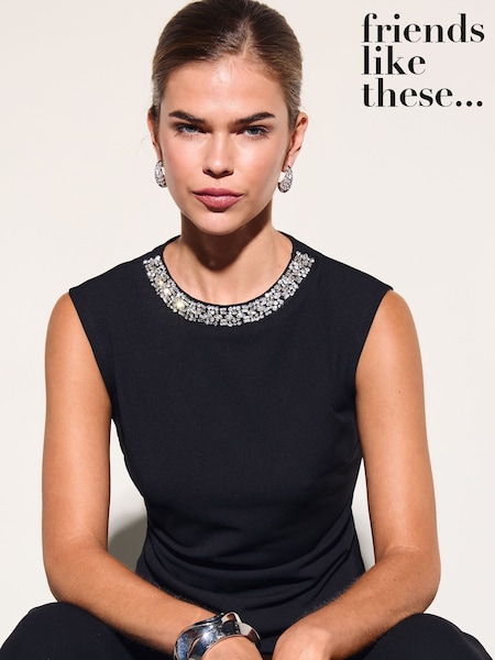 Black - Friends Like These Embellished Neckline Shoulder Pad Top
