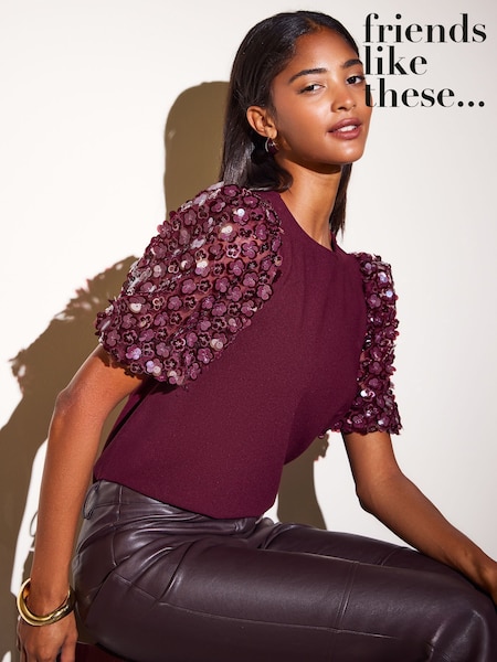 Burgundy Red - Friends Like These Floral Sequin Puff Sleeve Top