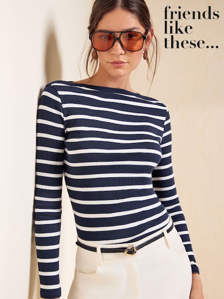 črtast; progast - Friends Like These Long Sleeve Ribbed Boat Neck T-shirt