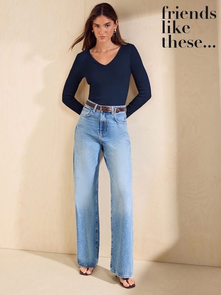 Navy - Friends Like These V-neck Long Sleeve Ribbed Top