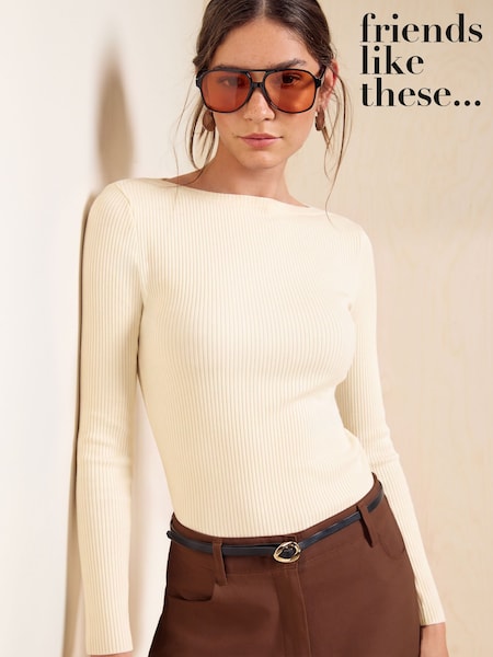 Ivory - Friends Like These Long Sleeve Ribbed Boat Neck T-shirt