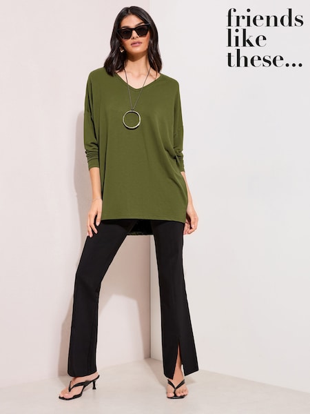 Olive Green - Friends Like These Soft Jersey V-neck Long Sleeve Tunic Top