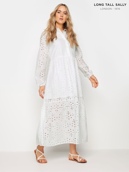 Long Tall Sally White 100% Cotton Broidered Long Sleeve Shirt Dress (G88747) | €31