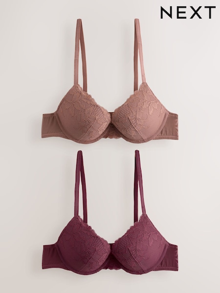Plum/Tan Brown - Push Up Plunge Lace Bras 2 Pack