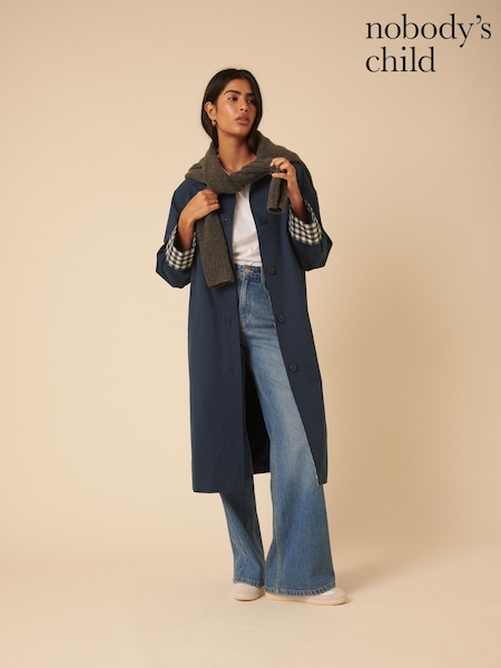 Nobodys Child Navy Blue Gingham Trim Trench Coat (G88981) | kr2 497