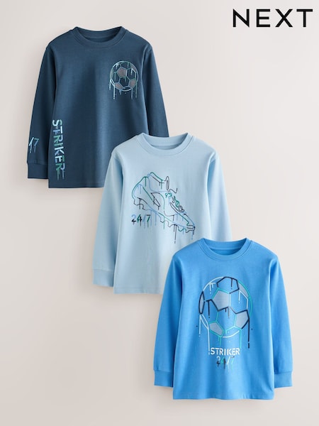Zilais futbols - Graphic Long Sleeve Relaxed Fit T-shirts 3 Pack (3-16yrs)