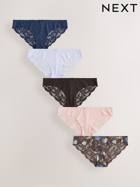 Floral/Spot - Lace Back No Vpl Invisible Knickers 5 Pack