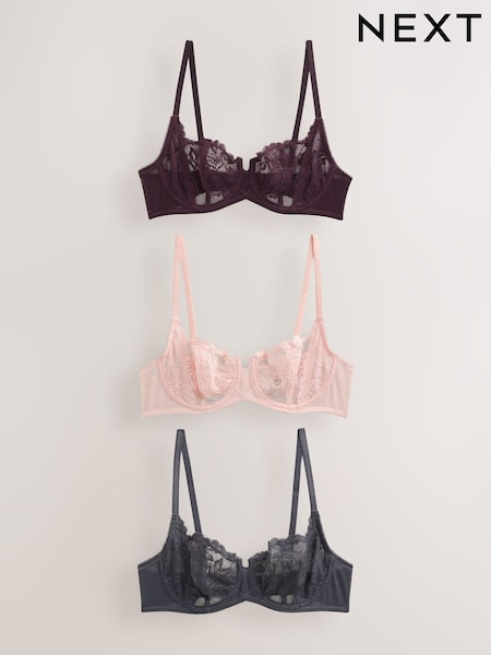 Grey/Pink/Plum - Lace Bras 3 Pack (e76841)